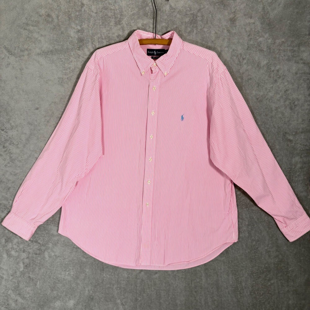 Ralph Lauren Mens XXL Classic Fit Pink White Striped Button Down Shirt 18 Preppy